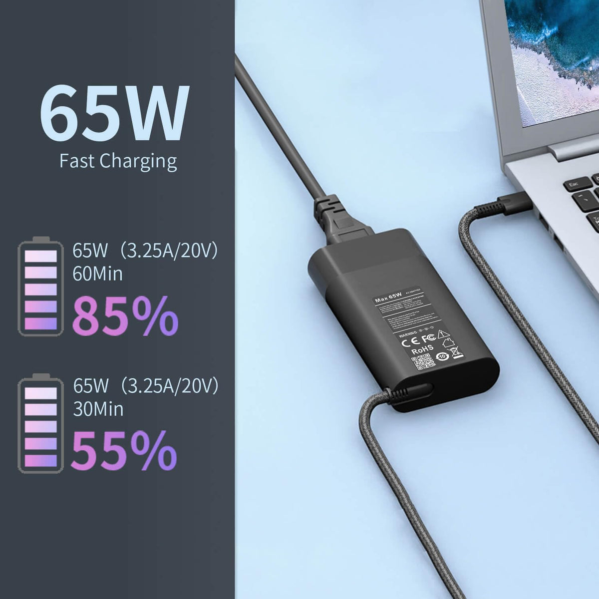 DMKAOLLK USB-C connector close-up showing durable tip for reliable charging connection