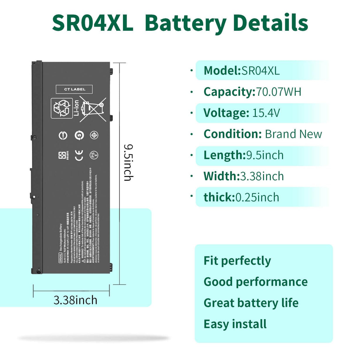 DMKAOLLK SR04XL battery front view showing compact 4-cell design.
