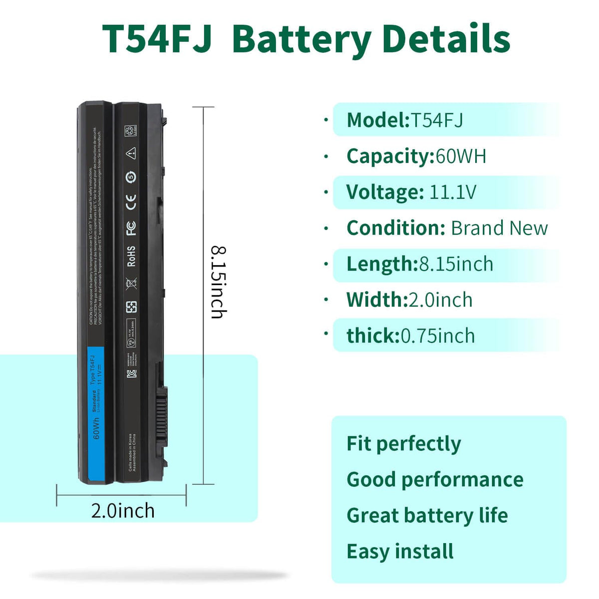 DMKAOLLK T54FJ 60Wh battery side ports view highlighting easy replacement