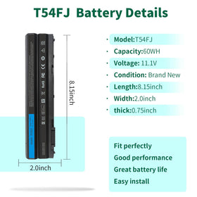 DMKAOLLK T54FJ 60Wh battery side ports view highlighting easy replacement
