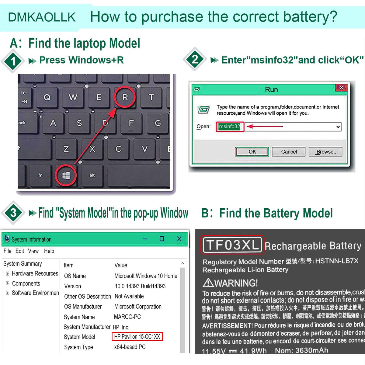 DMKAOLLK TF03XL battery, user manual included, guides quick installation.