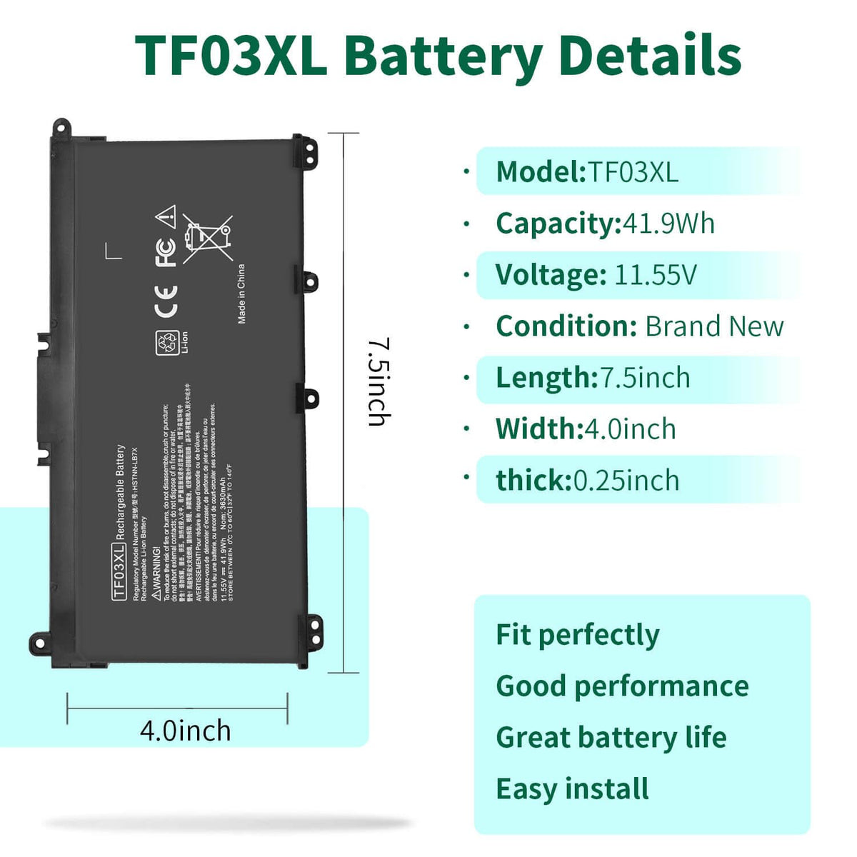 DMKAOLLK TF03XL battery, side view, compatible with HP Pavilion 15-CC series for seamless swaps.