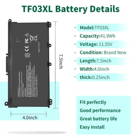 DMKAOLLK TF03XL battery, side view, compatible with HP Pavilion 15-CC series for seamless swaps.