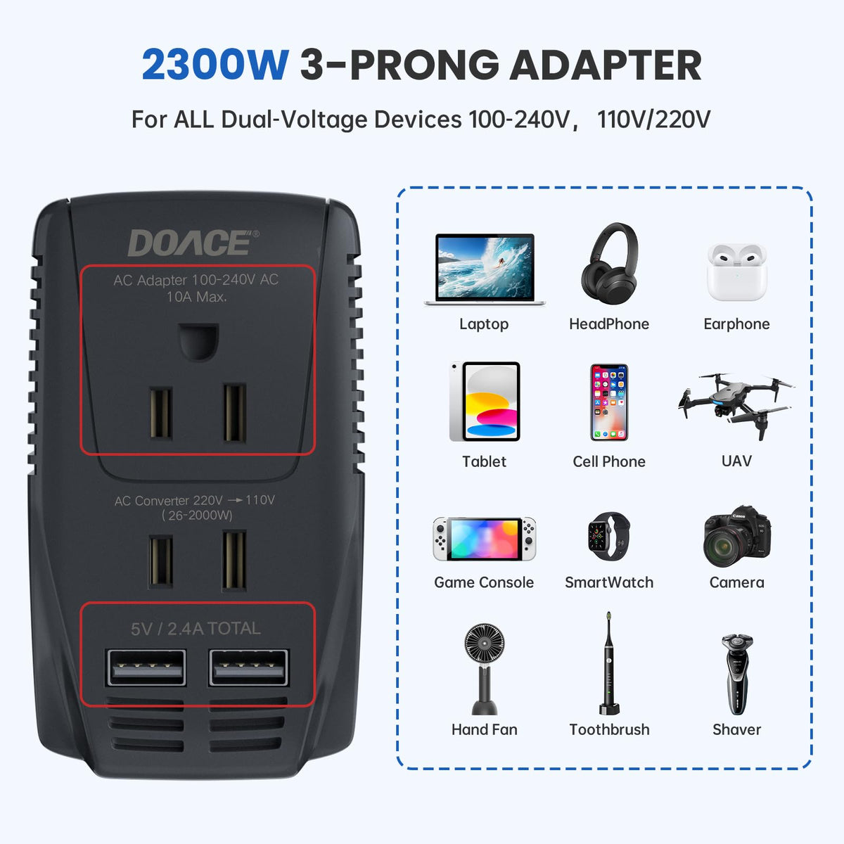 DOACE 2000W converter close-up socket enabling U.S. hair tool use abroad