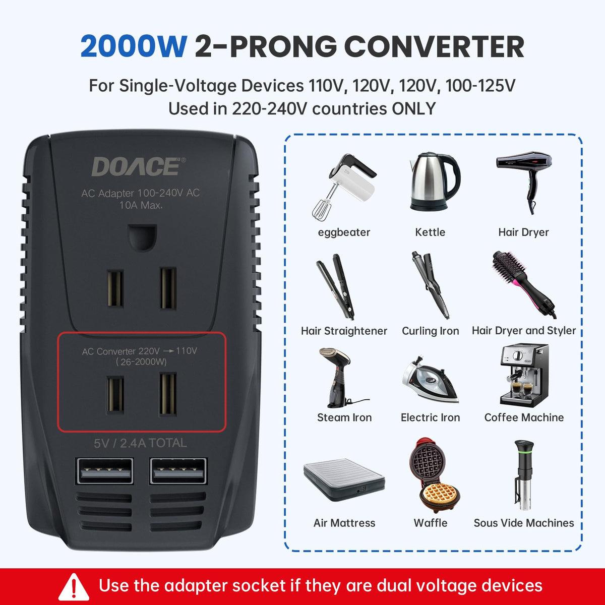 DOACE 2300W adapter three-prong view providing grounded power for laptops