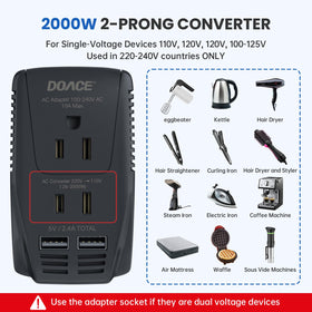 DOACE 2300W adapter three-prong view providing grounded power for laptops