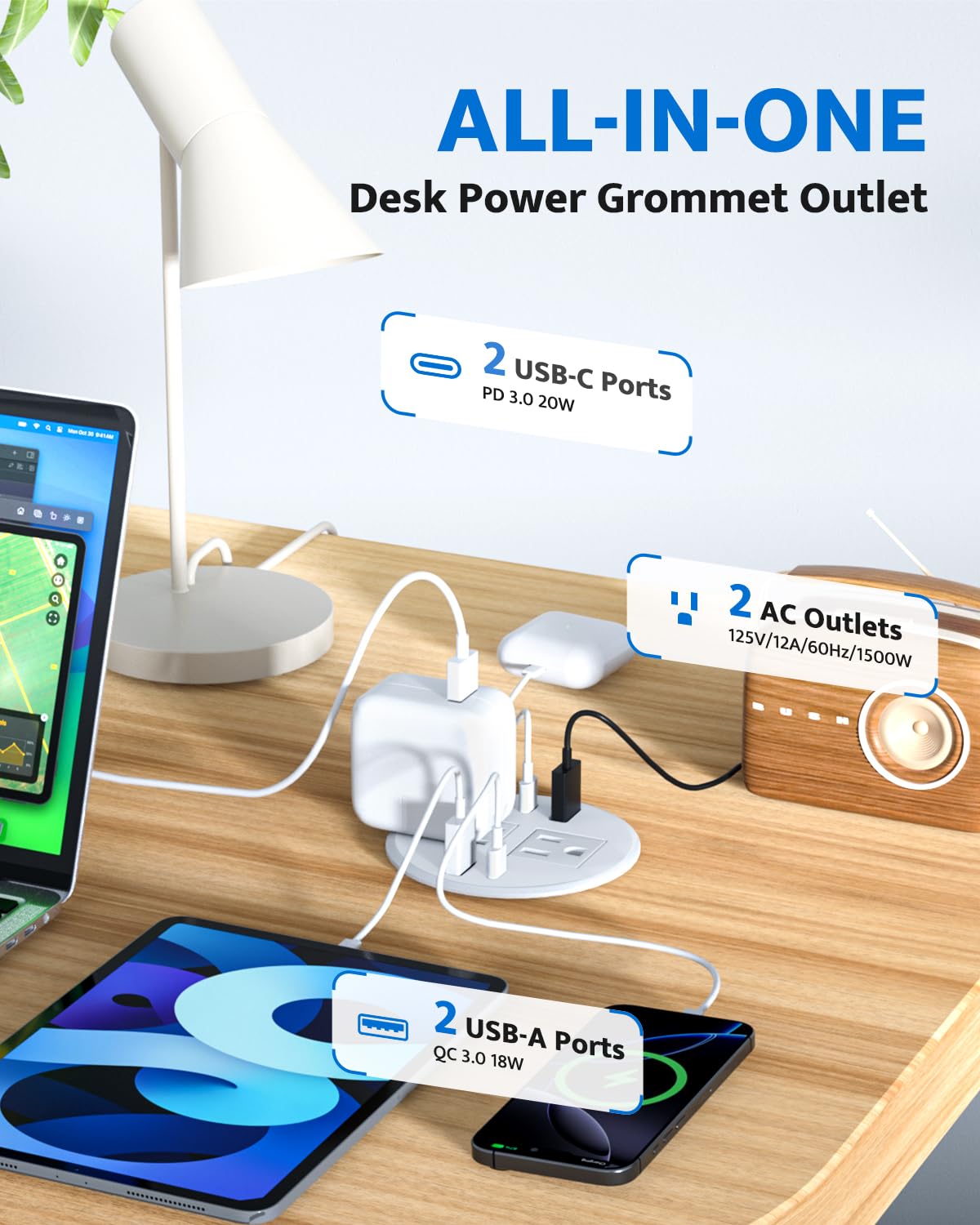 DOACE grommet installed on desk demonstrates clean, space-saving integration.
