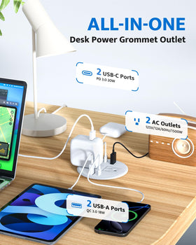 DOACE grommet installed on desk demonstrates clean, space-saving integration.