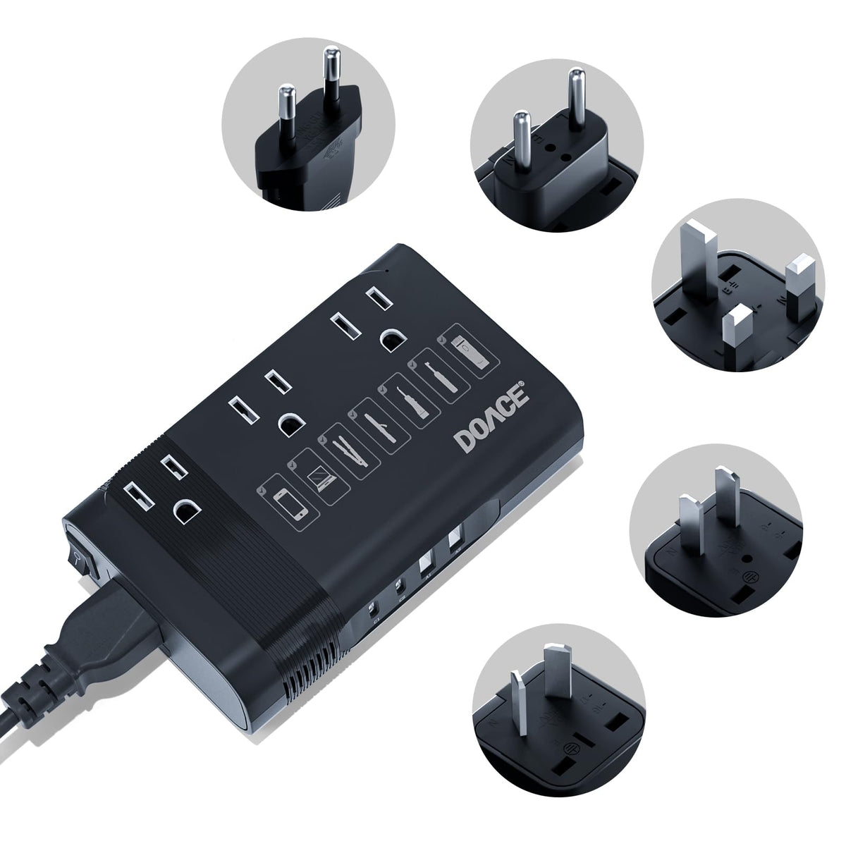 DOACE front view showing AC sockets and USB ports, compact travel convenience