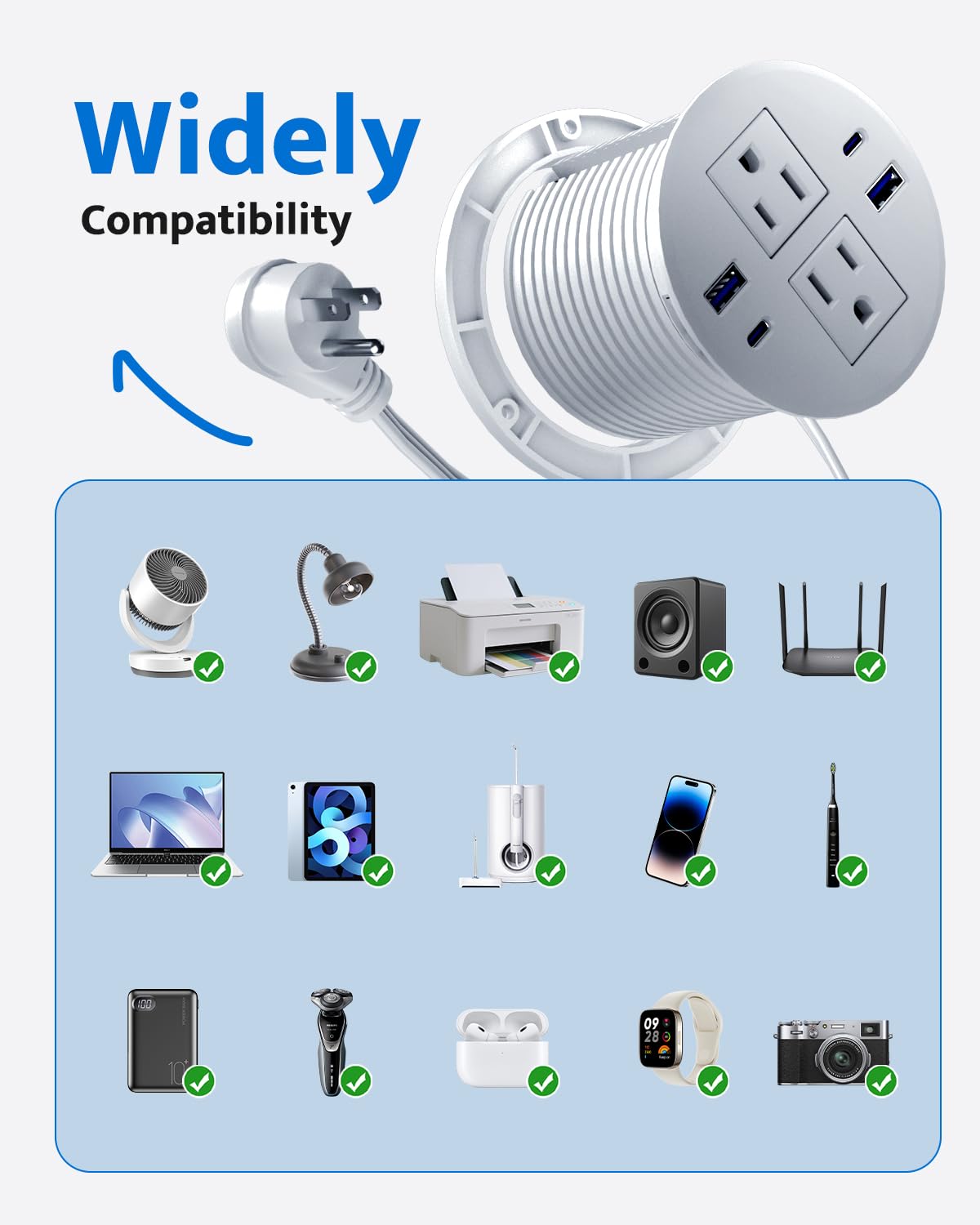 DOACE 6-ft flat plug extension enables flexible desk layouts.