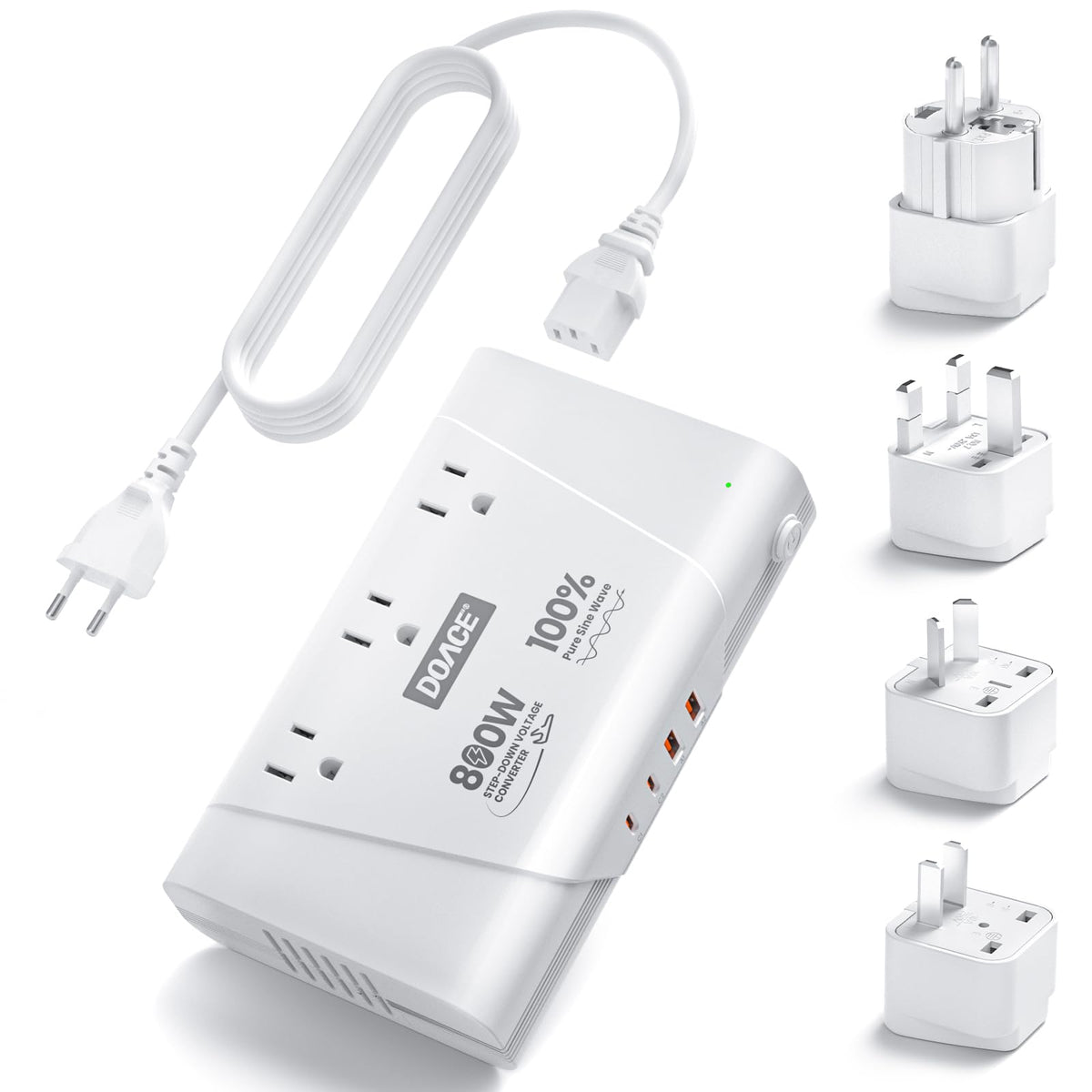 DOACE 800W travel adapter with pure sine wave output for safe electronics