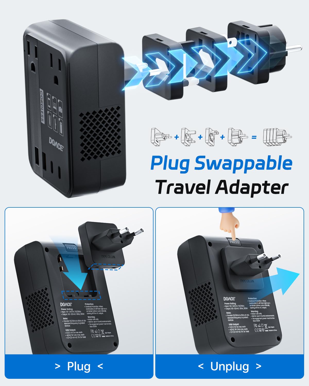 DOACE charging phone, tablet, and camera illustrating multi-device support