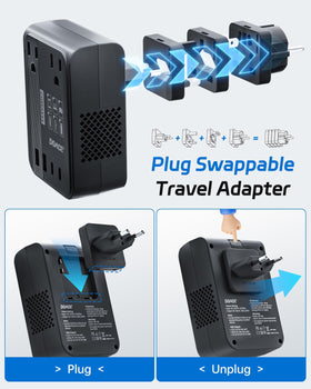 DOACE charging phone, tablet, and camera illustrating multi-device support