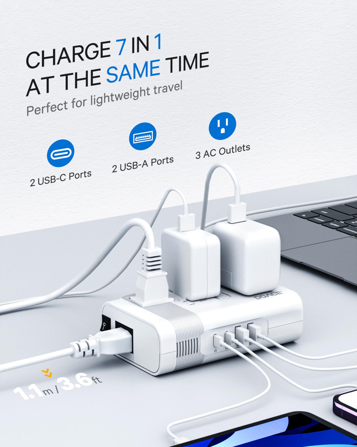 DOACE EU cord and four international adapters for worldwide compatibility