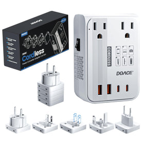 DOACE front faceplate showing outlets and universal plugs for safe travel charging