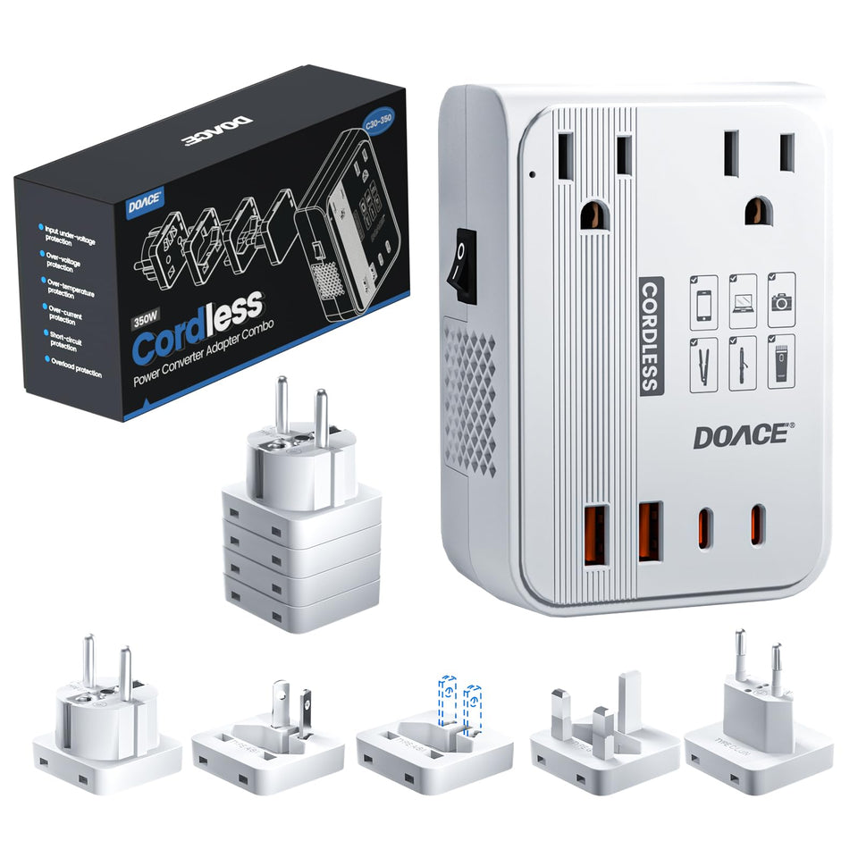 DOACE front faceplate showing outlets and universal plugs for safe travel charging