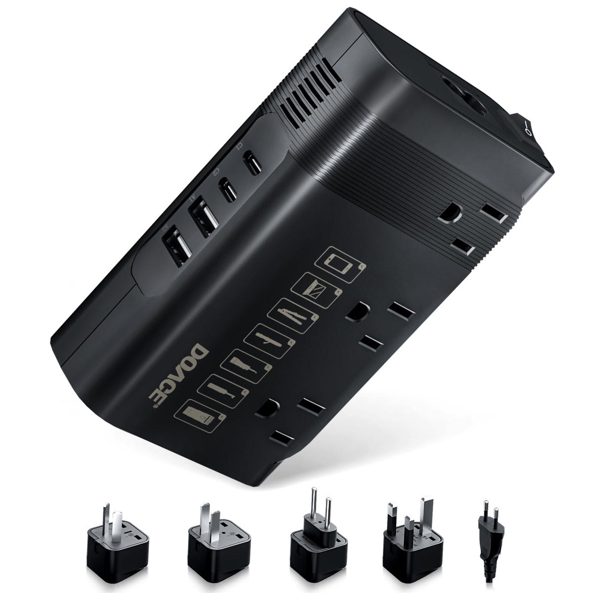 DOACE converter front panel showing ports and adapters for reliable travel charging