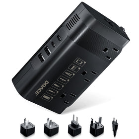 DOACE converter front panel showing ports and adapters for reliable travel charging