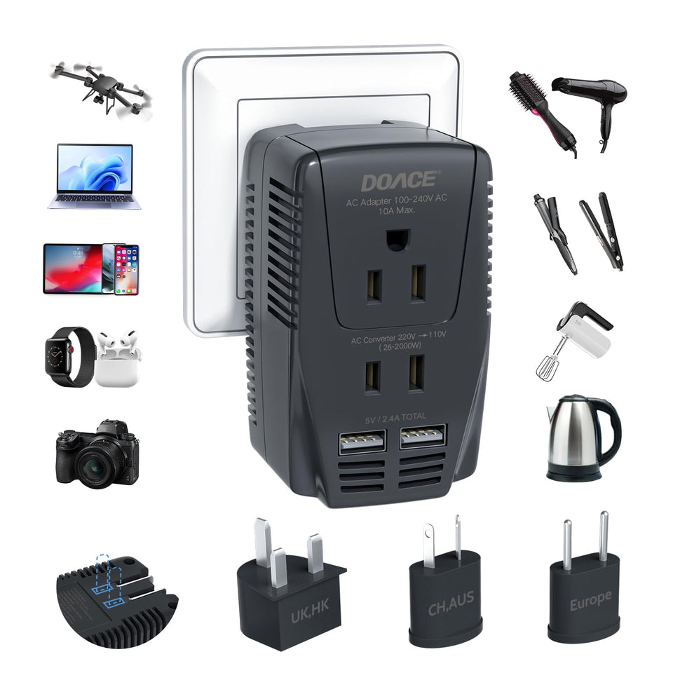 DOACE front panel showing sockets and plug ports for safe travel power