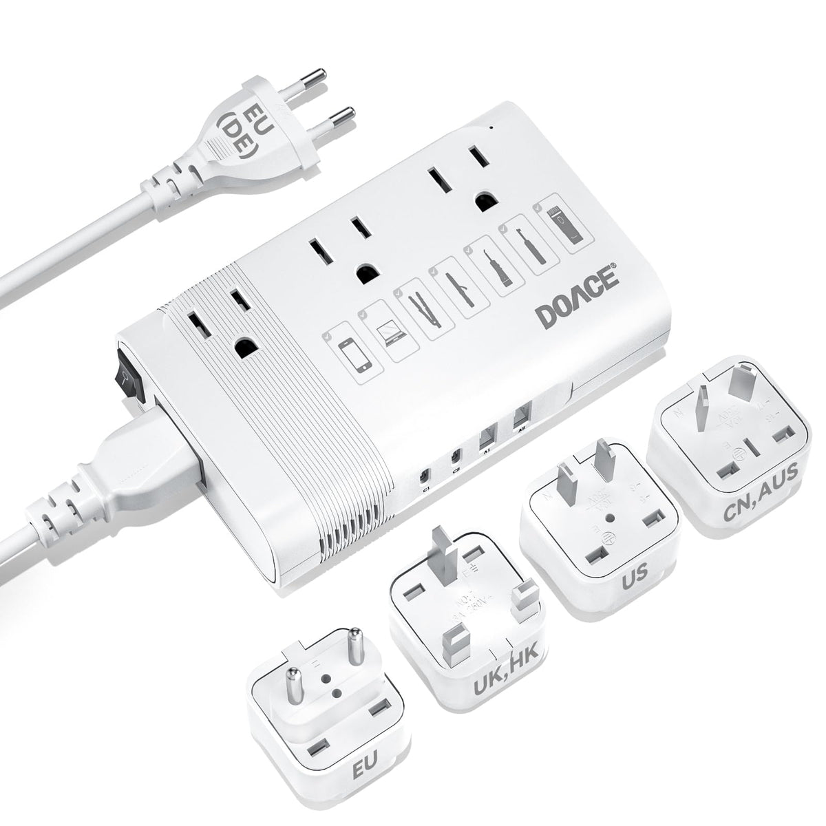 DOACE front panel showing ports and compact design for versatile travel charging