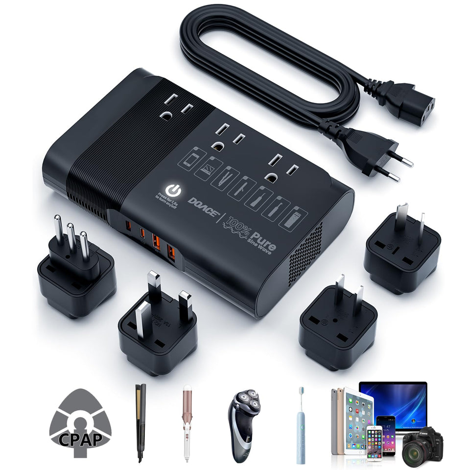 DOACE front panel view showing outlets and ports for reliable travel power