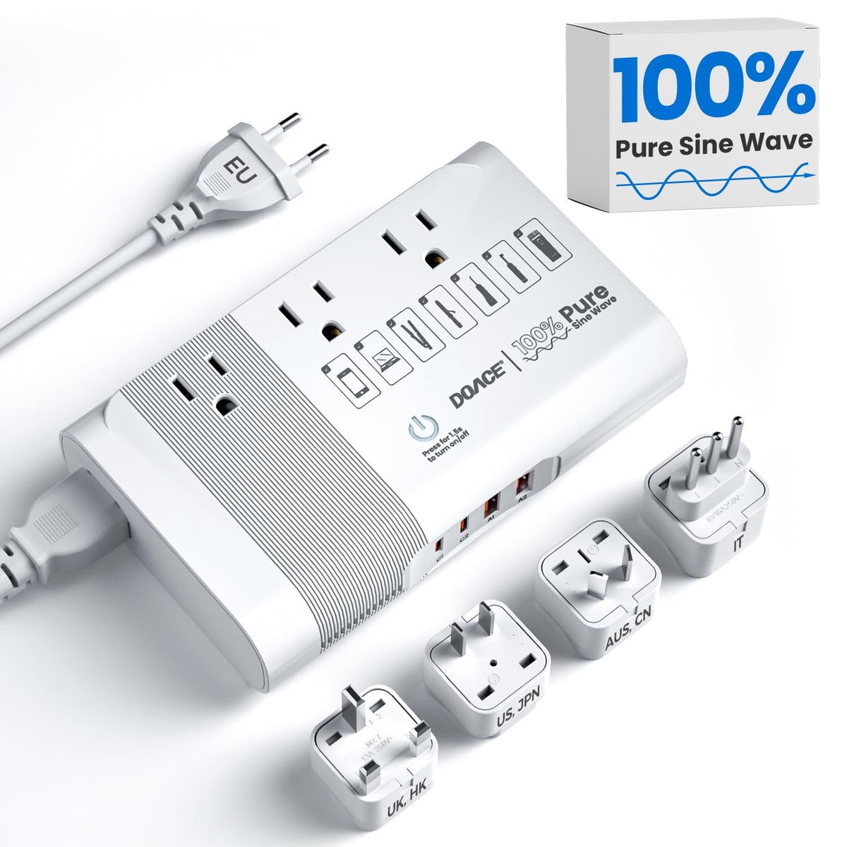 DOACE front panel showing three AC sockets and four USB ports for multi-device charging
