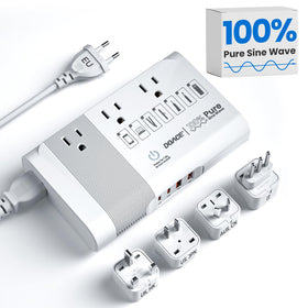 DOACE front panel showing three AC sockets and four USB ports for multi-device charging