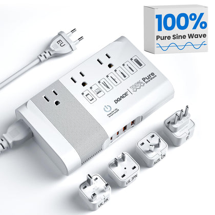 DOACE front panel showing three AC sockets and four USB ports for multi-device charging
