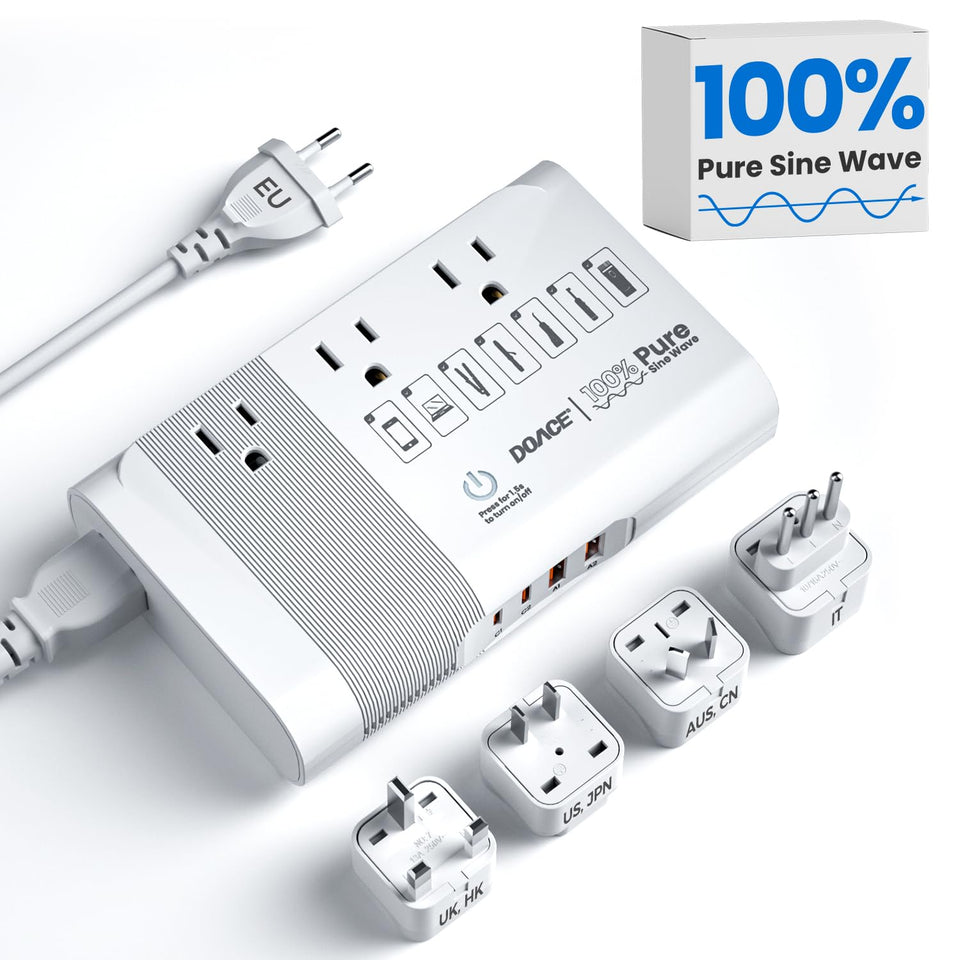 DOACE front panel showing three AC sockets and four USB ports for multi-device charging