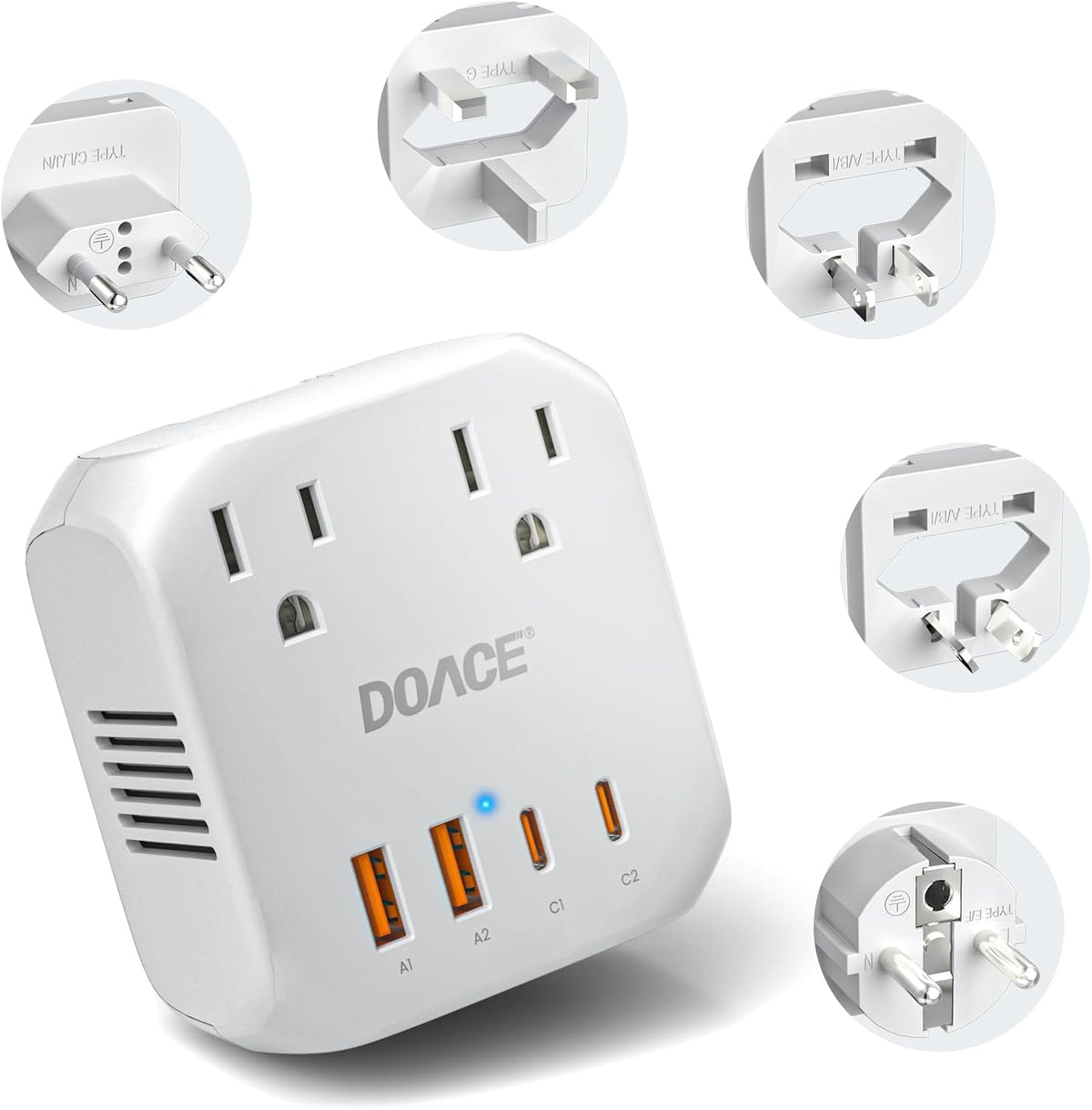 DOACE front panel showing sockets and plugs, clear layout for easy device connection