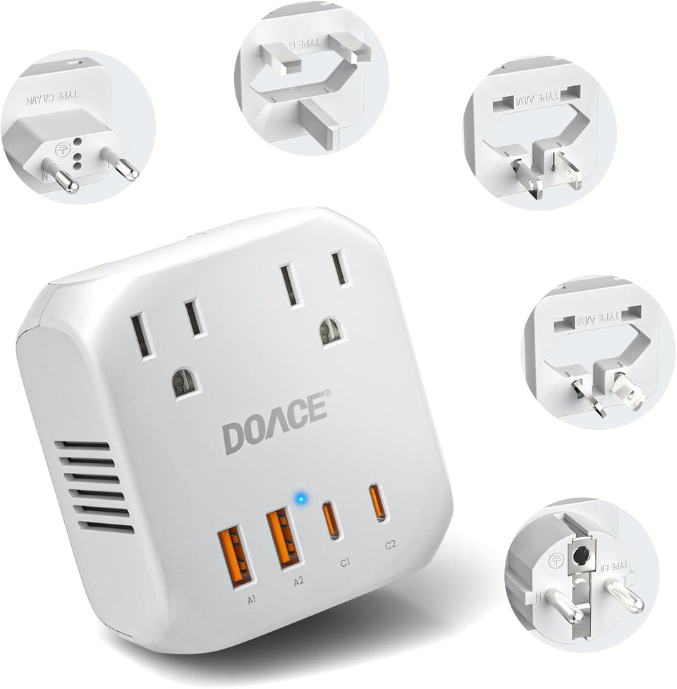 DOACE front panel showing sockets and plugs, clear layout for easy device connection