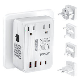 DOACE front view showing outlets and plugs, secure worldwide power solution