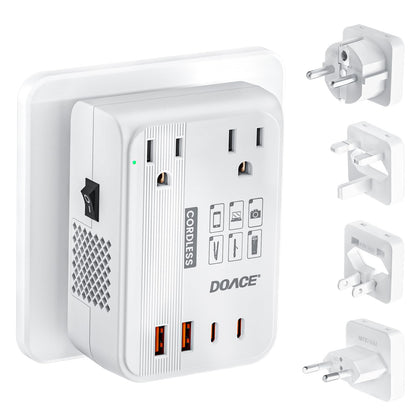 DOACE front view showing outlets and plugs, secure worldwide power solution