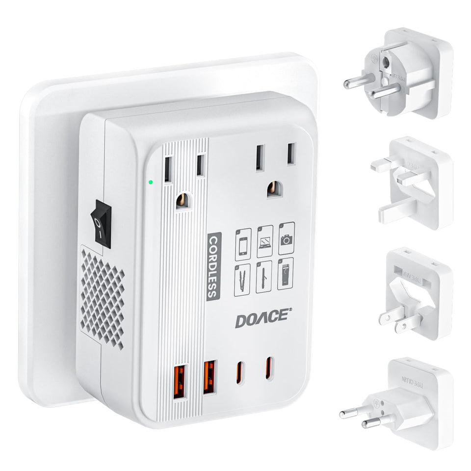DOACE front view showing outlets and plugs, secure worldwide power solution
