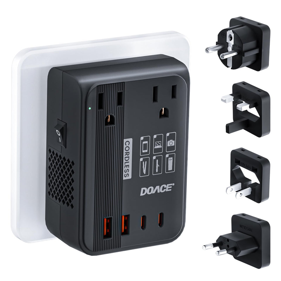 DOACE front view adapter showing outlets and USB ports for versatile charging
