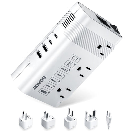 DOACE front view of converter showing outlets and USB ports for versatile charging