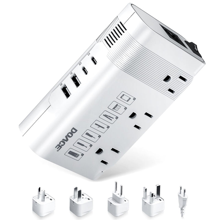 DOACE front view of converter showing outlets and USB ports for versatile charging