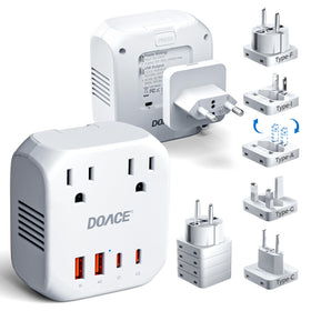 DOACE front view converter showing sockets and ports, enables reliable power abroad