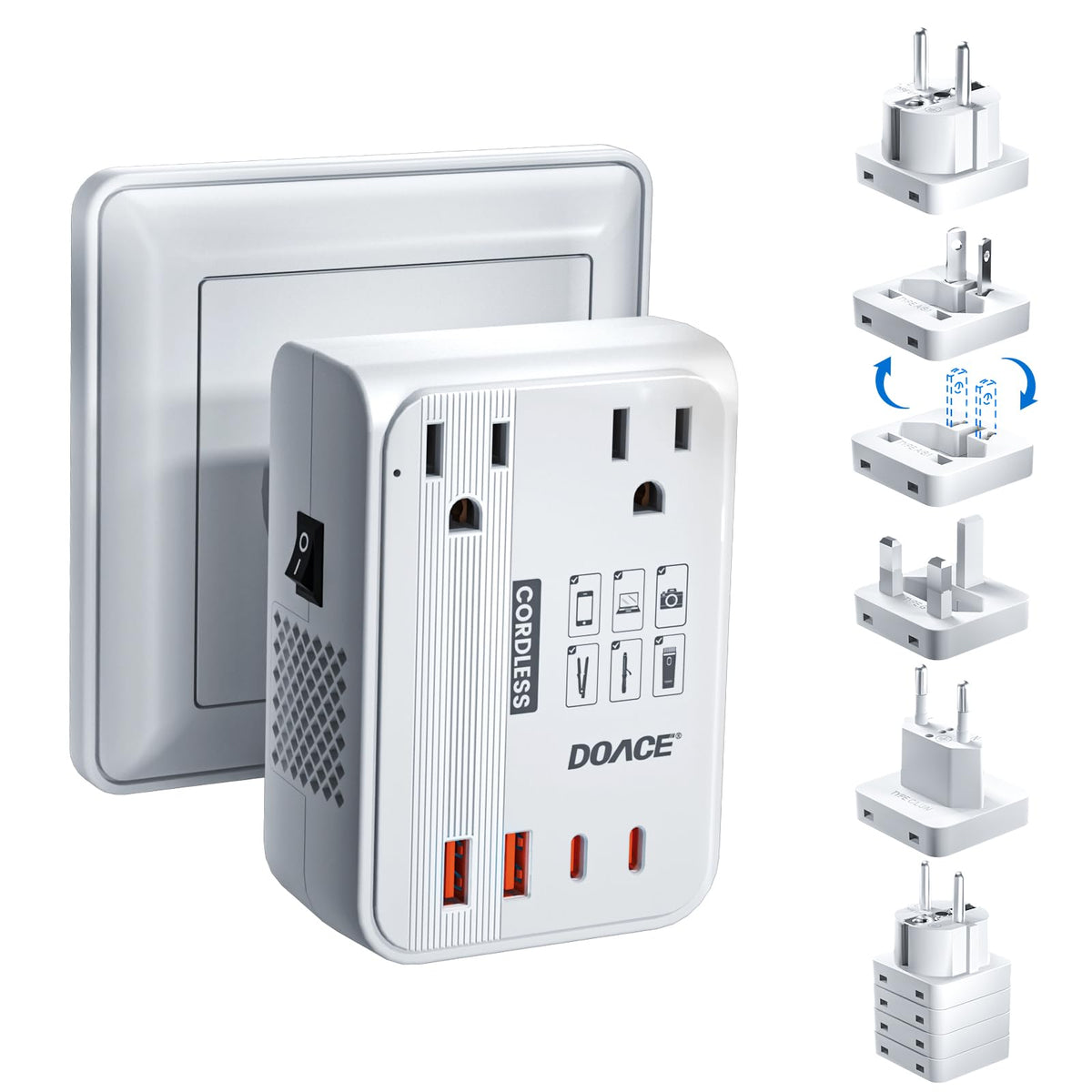 DOACE front view showing outlets and USB ports, convenient multi-device charging