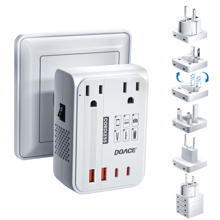 DOACE front view showing outlets and USB ports, convenient multi-device charging
