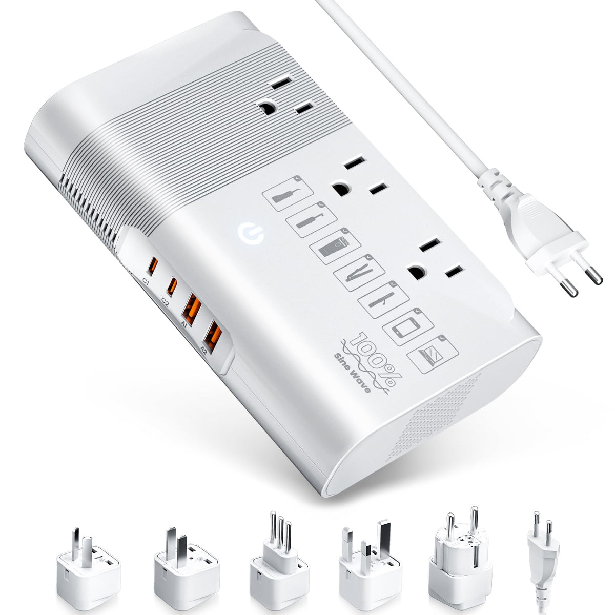 DOACE front view showing three AC outlets and overall compact design benefit portability