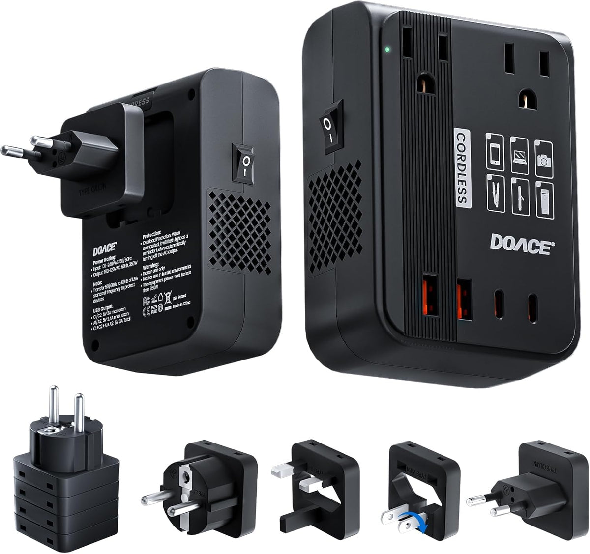 DOACE front view with plugs showing universal adapters and easy portability benefit