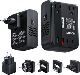 DOACE front view with plugs showing universal adapters and easy portability benefit