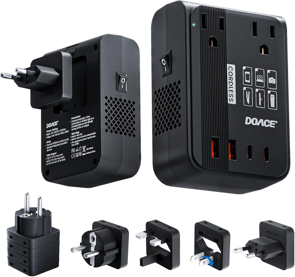 DOACE front view with plugs showing universal adapters and easy portability benefit