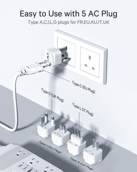 DOACE plugged into European wall with laptop charging showing travel convenience