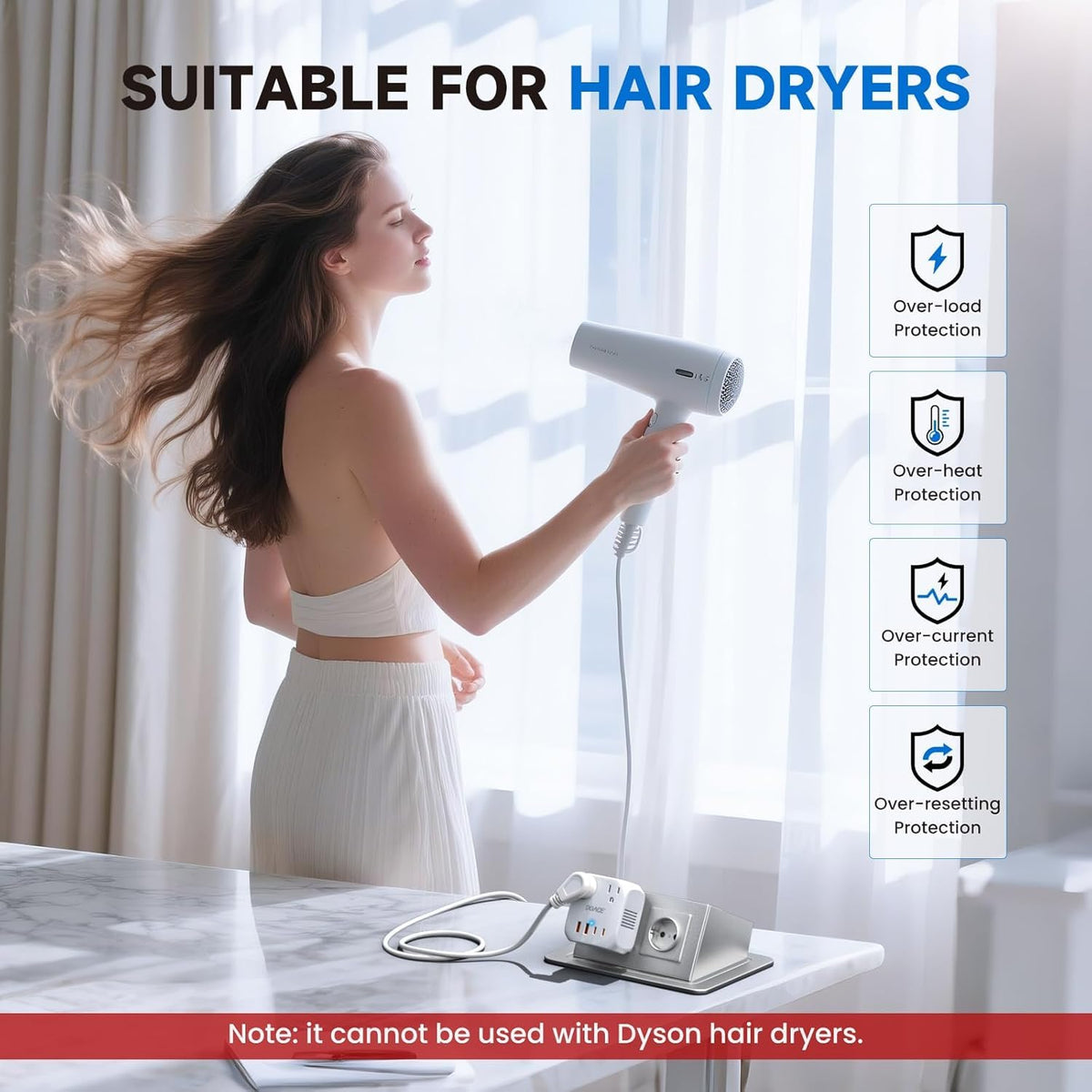 DOACE powering a hair dryer in use, stable 110V output for styling convenience