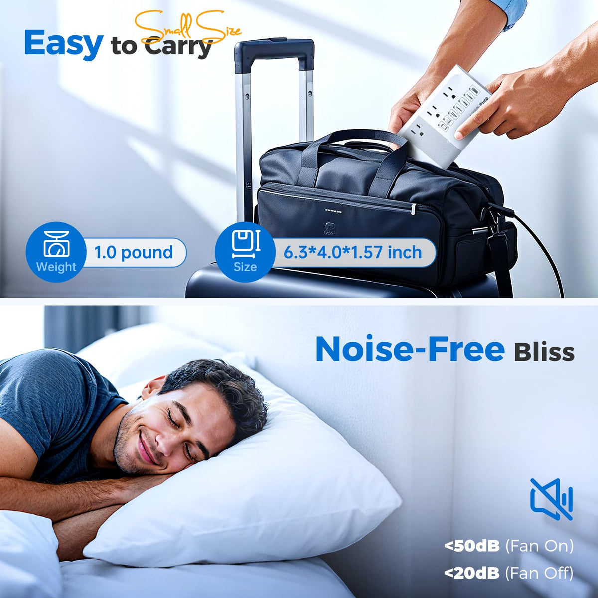DOACE powering a laptop on a hotel nightstand offering reliable travel power