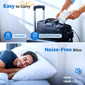 DOACE powering a laptop on a hotel nightstand offering reliable travel power