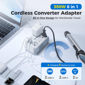 DOACE plugged into hotel wall with gadgets, travel-ready power convenience