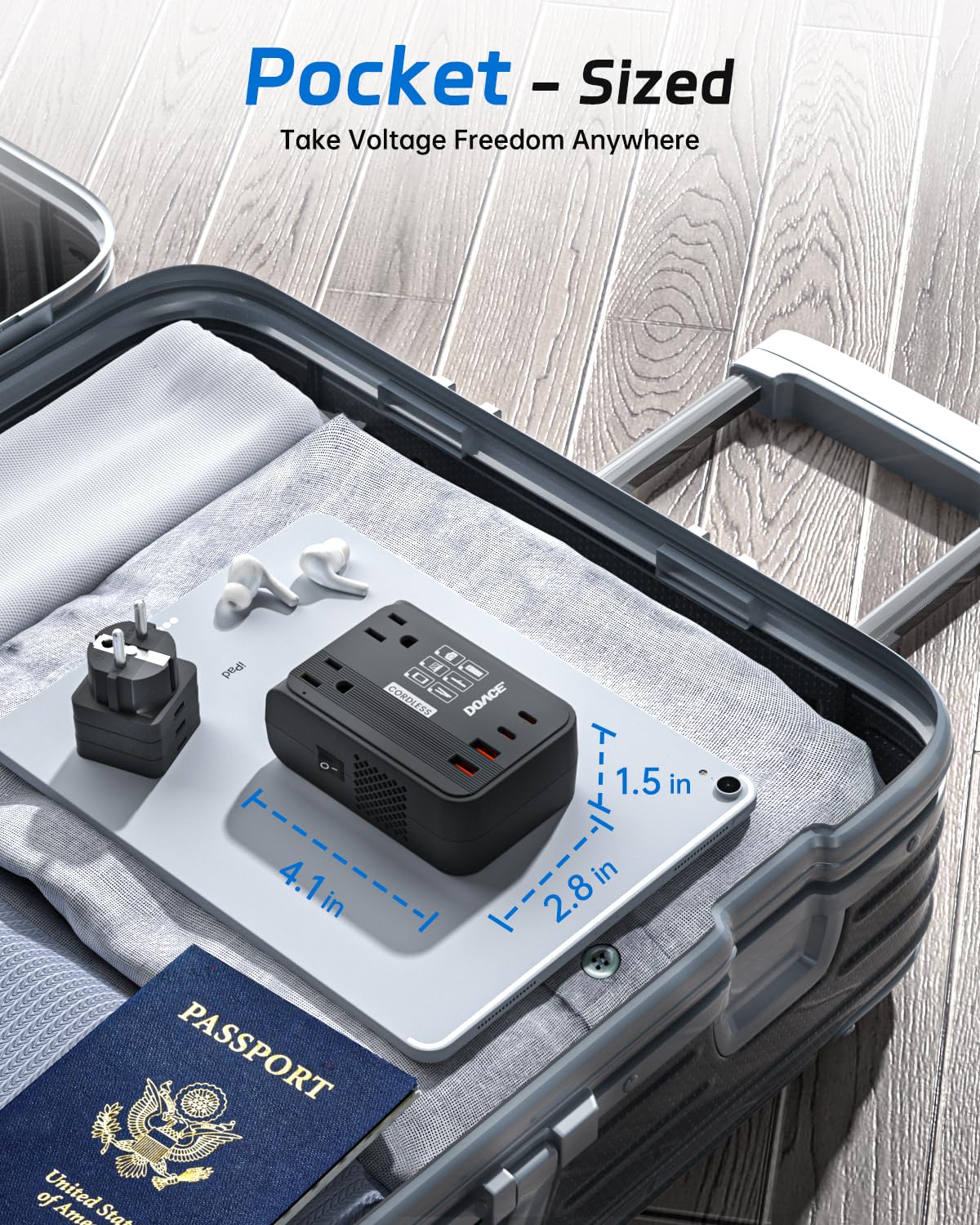 DOACE on hotel nightstand conveying easy travel setup and quiet operation